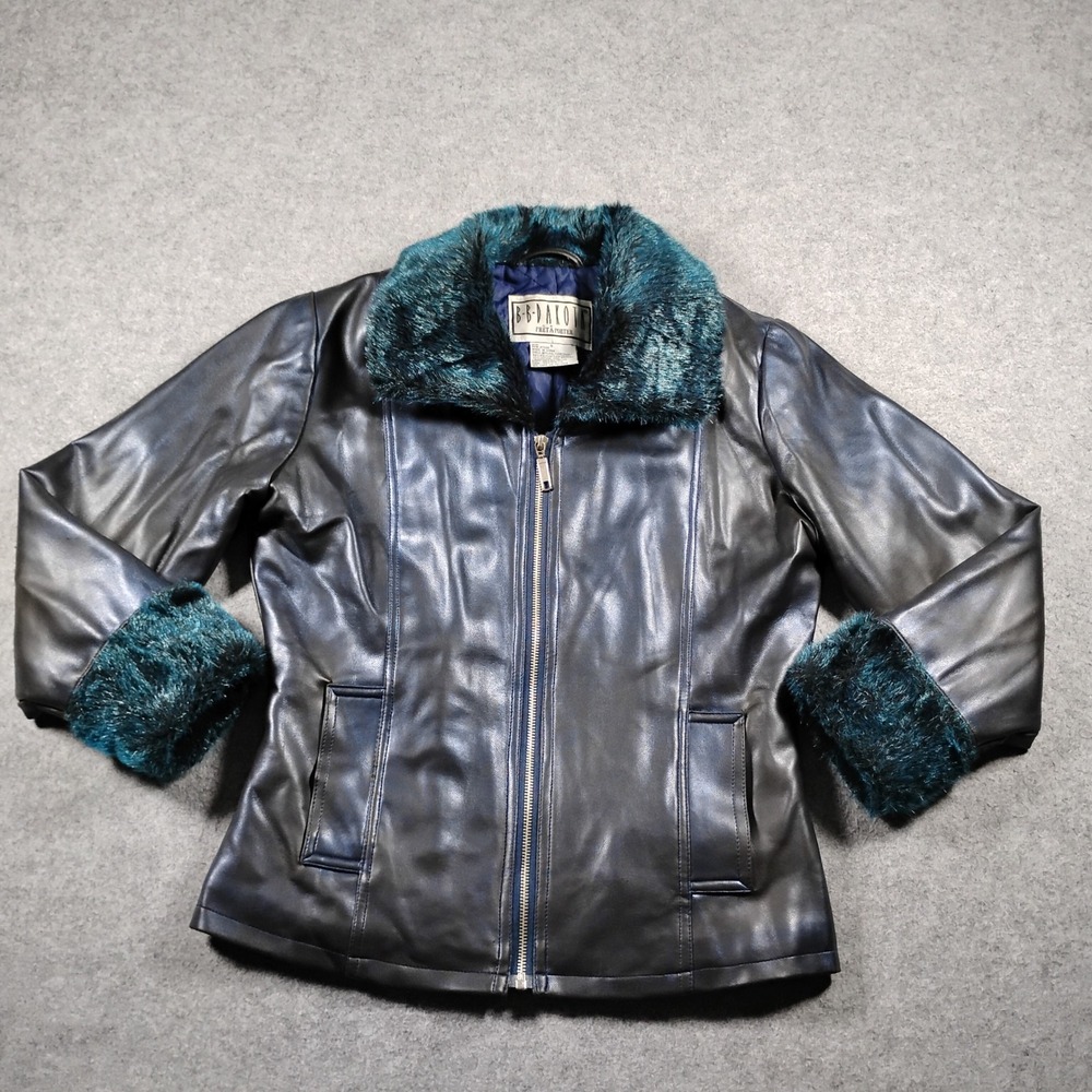 Vintage BB Dakota Womens Blue Faux Leather Teal Faux Fur Trim Full Zip Jacket S
